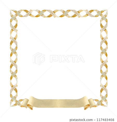 Vintage paper frame with ribbon banner for decorative texts. Watercolor illustration of a square frame isolated on a white background. Woven paper ornament with parchment texture in pastel beige color Vintage paper frame with ribbon banner for decorative texts. Watercolor illustration of a square frame isolated on a white background. Woven paper ornament with parchment texture in pastel beige color 117483408