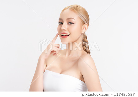 Beautiful young asian woman with clean fresh skin on white background, Face care, Facial treatment, Cosmetology, beauty and spa, Asian women portrait. 117483587