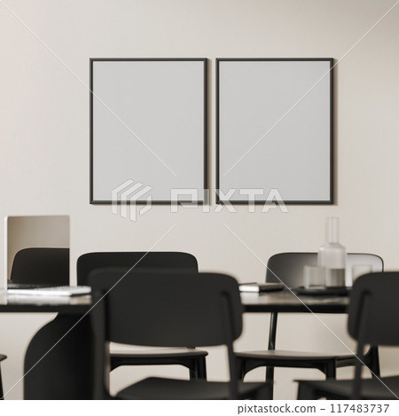 Two empty frames above office  conference table with laptop and notebooks, 3d reneirng 117483737