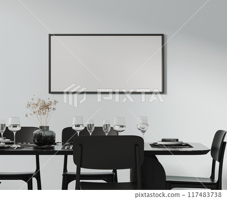 frame mock up above a beautiful dining table setted with cutlery, plates, glasses and decor, black furniture , 3d rendering 117483738
