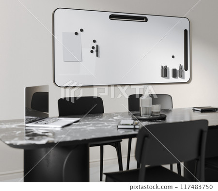 Office whiteboard on the wall, conference table with black chairs, laptop and notebooks, 3d render 117483750