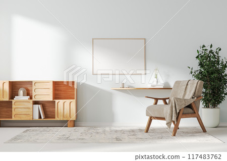 Frame mockup in living room interior background with armchair and cupboard, 3d render 117483762