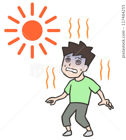 一名年輕人中暑了,由於天氣太熱,頭暈目眩。 一名年輕人中暑了,由於天氣太熱,頭暈目眩。 117484255