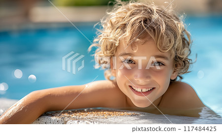Cheerful young child with curly hair is grinning widely, peacefully resting by a sparkling pool 117484425