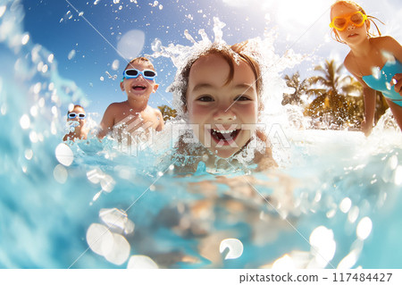 Experience Joyful Family Fun in the Water Kids and Dad Playfully Splashing Together, Creating Unforgettable Memories and Laughter 117484427