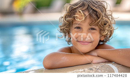 Cheerful young child with curly hair is grinning widely, peacefully resting by a sparkling pool 117484428