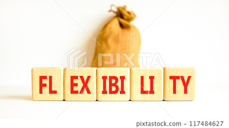 Flexibility symbol. Concept word Flexibility on beautiful wooden blocks. Beautiful white background. Beautiful canvas bag. Business flexibility concept. Copy space. 117484627