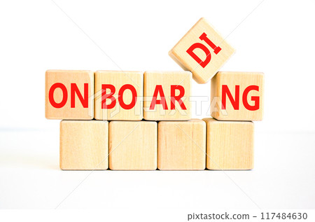 Onboarding success symbol. Concept word Onboarding on wooden blocks. Beautiful white background. Business onboarding success concept. Copy space. 117484630
