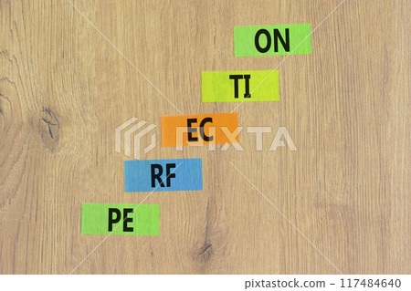 Perfection symbol. Concept word Perfection on beautiful colored paper. Beautiful wooden background. Business perfection concept. Copy space. 117484640