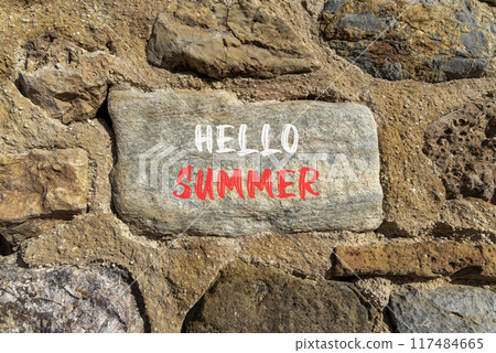 Hello summer symbol. Concept words Hello summer on beautiful grey stone. Beautiful stone wall background. Business lifestyle Hello summer concept. Copy space. Hello summer symbol. Concept words Hello summer on beautiful grey stone. Beautiful stone wall background. Business lifestyle Hello summer concept. Copy space. 117484665