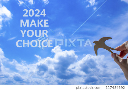 2024 Make your choice symbol. Concept words 2024 Make your choice. Beautiful blue sky cloud background. Voter hand with wooden bird. Business 2024 Make your choice concept. Copy space 2024 Make your choice symbol. Concept words 2024 Make your choice. Beautiful blue sky cloud background. Voter hand with wooden bird. Business 2024 Make your choice concept. Copy space 117484692