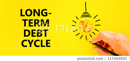 Long-term debt cycle symbol. Concept words Long-term debt cycle on beautiful yellow paper. Beautiful yellow background. Businessman hand. Business Long-term debt cycle concept. Copy space. 117484695