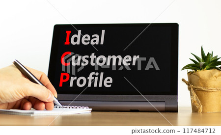 ICP ideal customer profile symbol. Concept words ICP ideal customer profile on beautiful black tablet. Beautiful white background. Business ICP ideal customer profile concept. Copy space. ICP ideal customer profile symbol. Concept words ICP ideal customer profile on beautiful black tablet. Beautiful white background. Business ICP ideal customer profile concept. Copy space. 117484712