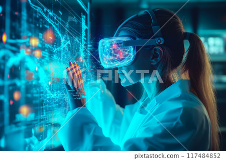A woman scientist wears VR glasses, surrounded by a holographic display. The concept highlights advanced technology, virtual reality in science, and modern innovation. Generative AI. 117484852