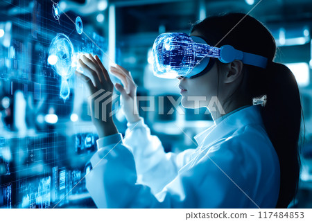 A woman scientist wears VR glasses, surrounded by a holographic display. The concept highlights advanced technology, virtual reality in science, and modern innovation. Generative AI. 117484853