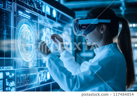 A woman scientist wears VR glasses, surrounded by a holographic display. The concept highlights advanced technology, virtual reality in science, and modern innovation. Generative AI. 117484854