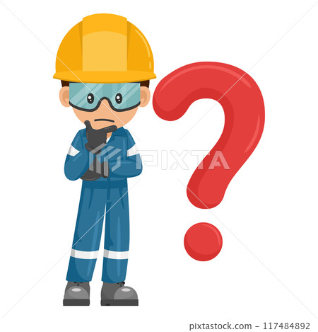 Industrial mechanic worker pensive and expressing doubt with giant question sign for FAQ concept. Industrial safety and occupational health at work Industrial mechanic worker pensive and expressing doubt with giant question sign for FAQ concept. Industrial safety and occupational health at work 117484892