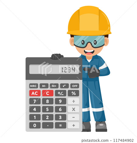 Industrial mechanic worker with giant calculator for financial analysis, accounting and budget calculation. Industrial safety and occupational health at work 117484902