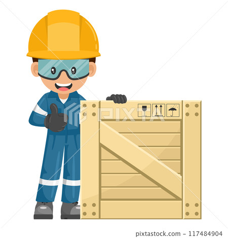 Industrial mechanic worker with thumb up with wooden box for delivery, storage and shipping. Engineer with his personal protective equipment. Industrial safety and occupational health at work Industrial mechanic worker with thumb up with wooden box for delivery, storage and shipping. Engineer with his personal protective equipment. Industrial safety and occupational health at work 117484904