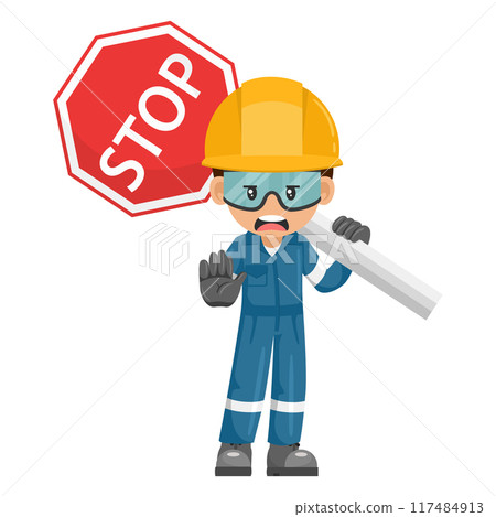 Annoyed industrial mechanic worker with stop sign. Engineer with his personal protective equipment. Safety first. Industrial safety and occupational health at work Annoyed industrial mechanic worker with stop sign. Engineer with his personal protective equipment. Safety first. Industrial safety and occupational health at work 117484913