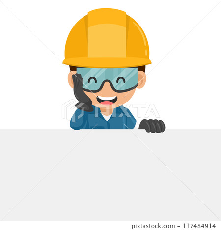 Industrial mechanic worker with his personal protective equipment holding a sign with copy space for text for advertising, presentation, brochures. Industrial safety and occupational health at work Industrial mechanic worker with his personal protective equipment holding a sign with copy space for text for advertising, presentation, brochures. Industrial safety and occupational health at work 117484914