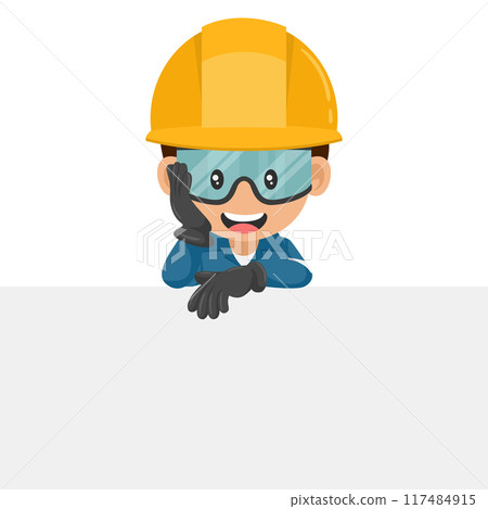 Industrial mechanic worker with his personal protective equipment holding a sign with copy space for text for advertising, presentation, brochures. Industrial safety and occupational health at work Industrial mechanic worker with his personal protective equipment holding a sign with copy space for text for advertising, presentation, brochures. Industrial safety and occupational health at work 117484915