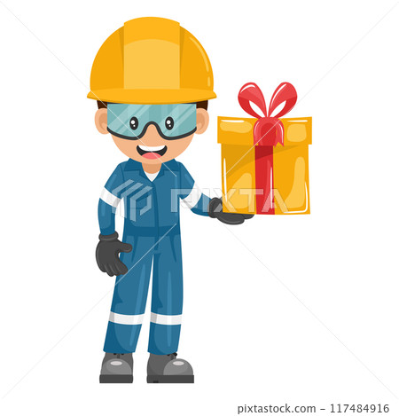 Industrial mechanic worker with his personal protective equipment with gift box. Engineer with his personal protective equipment. Safety first. Industrial safety and occupational health at work 117484916