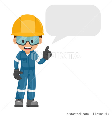 Industrial mechanic worker with his personal protective equipment with dialog box vignette with copy space for text for advertising, brochures. Industrial safety and occupational health at work Industrial mechanic worker with his personal protective equipment with dialog box vignette with copy space for text for advertising, brochures. Industrial safety and occupational health at work 117484917