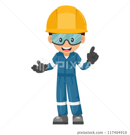 Industrial mechanical worker with his personal protective equipment pointing his finger. Express an idea and indicate with the index finger. Industrial safety and occupational health at work Industrial mechanical worker with his personal protective equipment pointing his finger. Express an idea and indicate with the index finger. Industrial safety and occupational health at work 117484918