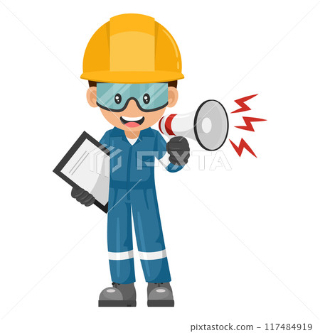 Industrial mechanic worker making an announcement with a megaphone with notepad. Supervising engineer with personal protective equipment. Industrial safety and occupational health at work 117484919