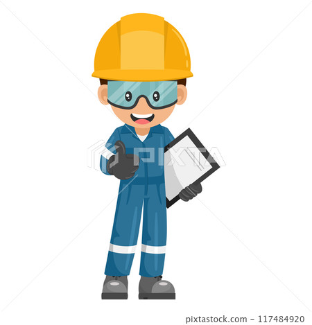 Industrial mechanic worker with notepad for project evaluation with thumb up. Supervisor engineer with personal protective equipment. Industrial safety and occupational health at work Industrial mechanic worker with notepad for project evaluation with thumb up. Supervisor engineer with personal protective equipment. Industrial safety and occupational health at work 117484920