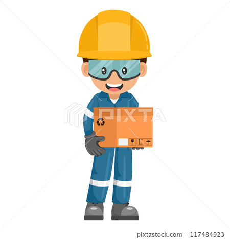 Industrial mechanic worker loading a box for delivery, distribution and storage. Supervisor with personal protective equipment. Industrial safety and occupational health at work Industrial mechanic worker loading a box for delivery, distribution and storage. Supervisor with personal protective equipment. Industrial safety and occupational health at work 117484923