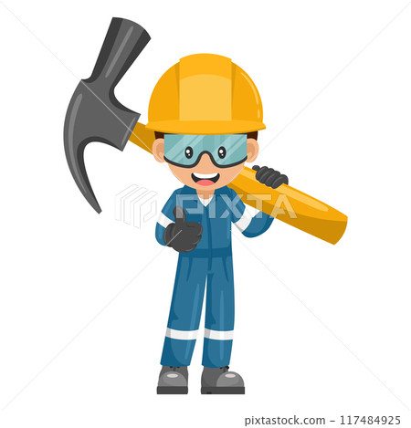 Industrial mechanic worker carrying a giant hammer. Supervisor with personal protective equipment. Industrial safety and occupational health at work 117484925