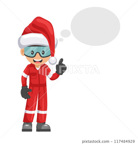 Industrial mechanic worker with Santa Claus hat thinking with space for text for advertising, presentations, brochures. Merry christmas. Industrial safety and occupational health at work Industrial mechanic worker with Santa Claus hat thinking with space for text for advertising, presentations, brochures. Merry christmas. Industrial safety and occupational health at work 117484929