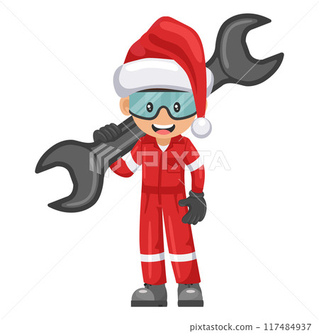 Mechanic worker with Santa Claus hat with mechanic's wrench. Merry christmas . Concept of repair, preventive maintenance and technical support. Industrial safety and occupational health at work Mechanic worker with Santa Claus hat with mechanic's wrench. Merry christmas . Concept of repair, preventive maintenance and technical support. Industrial safety and occupational health at work 117484937