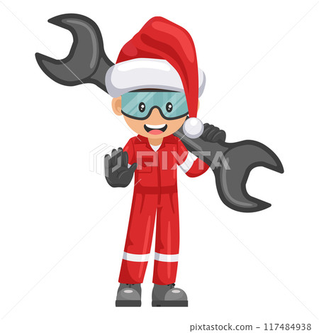 Mechanic worker with Santa Claus hat with mechanical wrench making stop sign. Merry christmas. Concept of repair, maintenance and technical support. Industrial safety and occupational health at work Mechanic worker with Santa Claus hat with mechanical wrench making stop sign. Merry christmas. Concept of repair, maintenance and technical support. Industrial safety and occupational health at work 117484938