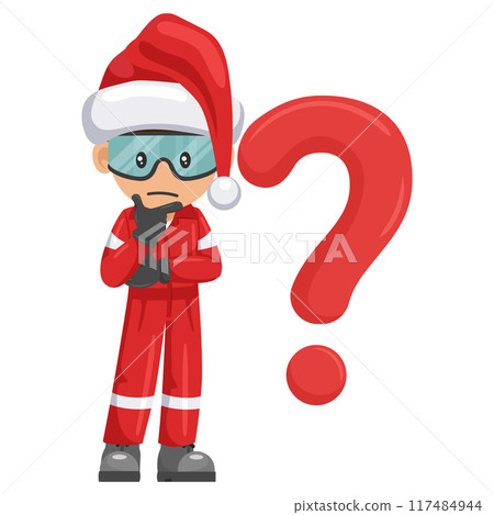 Industrial mechanic worker with Santa Claus hat pensive and expressing doubt with giant question sign for FAQ concept. Merry christmas. Industrial safety and occupational health at work Industrial mechanic worker with Santa Claus hat pensive and expressing doubt with giant question sign for FAQ concept. Merry christmas. Industrial safety and occupational health at work 117484944