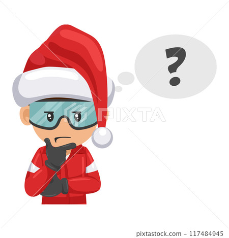 Engineer mechanic with Santa Claus hat thinking and expressing doubt in a new industrial project. Question sign for FAQ concept. Merry christmas. Industrial safety and occupational health at work Engineer mechanic with Santa Claus hat thinking and expressing doubt in a new industrial project. Question sign for FAQ concept. Merry christmas. Industrial safety and occupational health at work 117484945