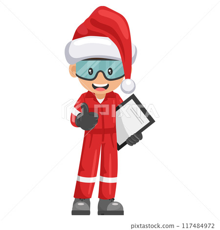 Industrial mechanic worker with Santa Claus hat with notepad for project evaluation with thumb up. Supervisor engineer. Merry christmas. Industrial safety and occupational health at work Industrial mechanic worker with Santa Claus hat with notepad for project evaluation with thumb up. Supervisor engineer. Merry christmas. Industrial safety and occupational health at work 117484972