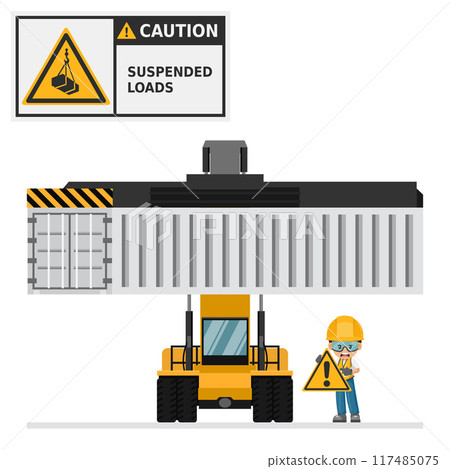 Reach stacker loading container. Port machinery. Container carrier. Warning Overhead load. Work accident. Worker with personal protective equipment. Industrial safety and occupational health at work Reach stacker loading container. Port machinery. Container carrier. Warning Overhead load. Work accident. Worker with personal protective equipment. Industrial safety and occupational health at work 117485075
