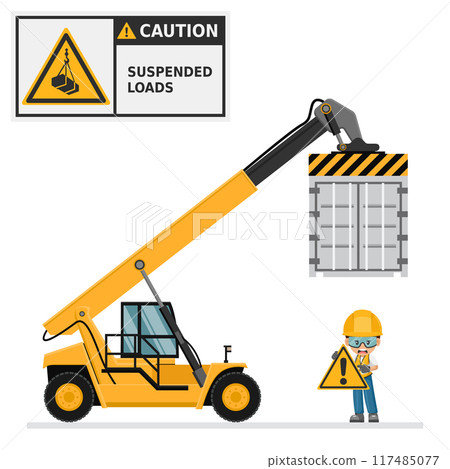 Reach stacker lifting container. Port machinery. Container carrier. Warning Overhead load. Work accident. Worker with personal protective equipment. Industrial safety and occupational health at work 117485077