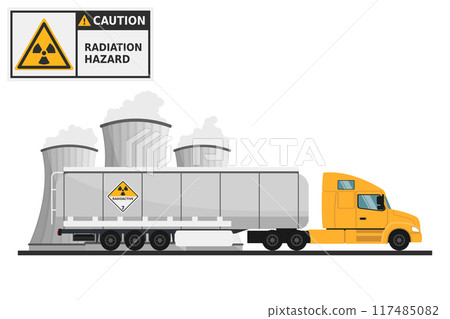 Tank trailer for the transport of radioactive waste. Radioactive waste management. Warning Radioactive material. Industrial safety and occupational health at work 117485082