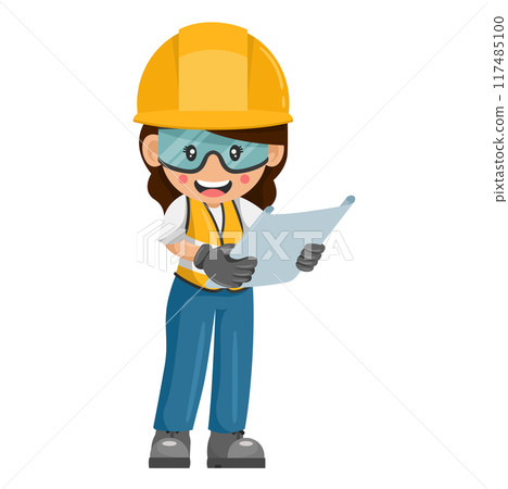 Woman construction engineer, woman architect supervises the construction plans of the work. Industrial worker with her personal protective equipment. Industrial safety and occupational health at work 117485100
