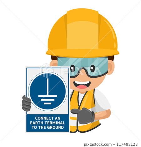 Industrial construction worker with mandatory sign Connect an earth terminal to the ground. Earth terminal must be connected. Safety first. Industrial safety and occupational health at work Industrial construction worker with mandatory sign Connect an earth terminal to the ground. Earth terminal must be connected. Safety first. Industrial safety and occupational health at work 117485128