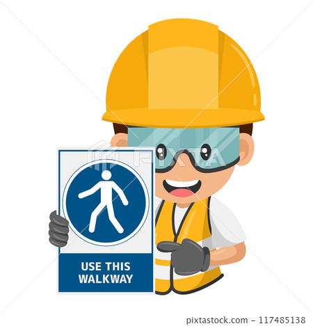 Industrial construction worker with mandatory sign use this walkway. Pedestrians must use a designated walkway. Areas unsafe for pedestrians. Industrial safety and occupational health at work 117485138