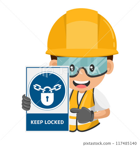 Industrial worker with mandatory sign keep locked. Ensuring that cabinets or facilities containing harmful substances or equipment are kept locked. Industrial safety and occupational health at work Industrial worker with mandatory sign keep locked. Ensuring that cabinets or facilities containing harmful substances or equipment are kept locked. Industrial safety and occupational health at work 117485140