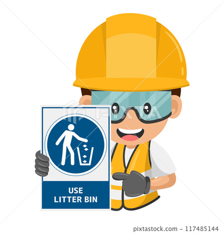 Industrial worker with mandatory sign use litter bin. Putting litter in a bin to avoid material which is harmful or could create a tripping hazard. Industrial safety and occupational health at work Industrial worker with mandatory sign use litter bin. Putting litter in a bin to avoid material which is harmful or could create a tripping hazard. Industrial safety and occupational health at work 117485144