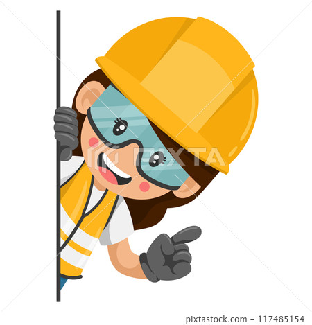 Industrial construction worker woman peeking out from behind a wall pointing finger. Express an idea and indicate it with the index finger. Industrial safety and occupational health at work Industrial construction worker woman peeking out from behind a wall pointing finger. Express an idea and indicate it with the index finger. Industrial safety and occupational health at work 117485154