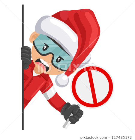 Annoyed industrial mechanical worker with Santa Claus hat peeking out from behind a wall with prohibited sign. Merry christmas. Construction worker with his personal protective equipment 117485172