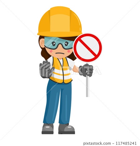Industrial woman worker with prohibited sign making a stop sign. Worker with his personal protective equipment. Industrial safety and occupational health at work Industrial woman worker with prohibited sign making a stop sign. Worker with his personal protective equipment. Industrial safety and occupational health at work 117485241